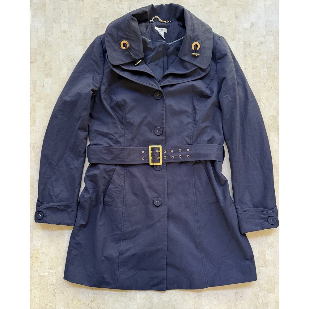 CACHE Womens Trench Coat Rain Jacket Sz L Navy‎ Blue Gold Hardware Belted Waist
